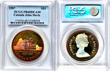 1987 Canada John Davis Silver Dollar PCGS PR68 DCAM Deep Cameo & Rainbow Toned picture