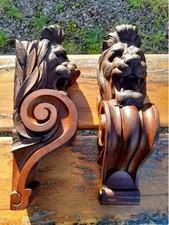 Antique Style Wooden Lion Head Corbels Wall Brackets Furniture Accents 2pc Set picture