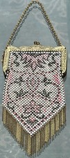 ANTIQUE 1920's MANDALIAN FLORAL WHITE PINK BLACK ENAMEL MESH PURSE picture