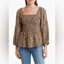 Madewell Women's Lucie Floral Smoked Top Size 4 Black Yellow Balloon Long Sleeve picture