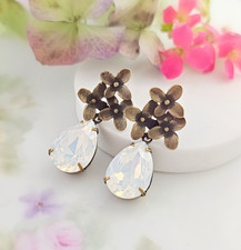 Opalite White Teardrop Flower Stud Earrings made with Swarovski Crystals picture