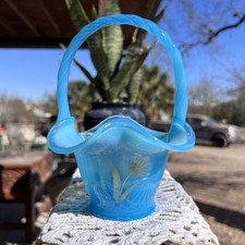 Fenton | Sky Blue Dandelion Breeze Basket | Hand Painted By J. Cutshaw picture