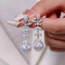 Gorgeous AAAA 9-10mm Genuine Natural South Sea White Round Pearl Earring 925S picture