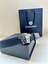 Versace Men’s Dress Belt Blue Medusa Logo Buckle Adjustable Size 38 picture