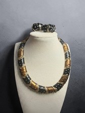 Vintage Erwin Pearl Black Bronze Enamel Necklace Clip Earrings Demi Parure Set picture