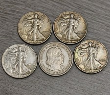 5 Half Dollars 90% Silver 4 Walking Liberty Circ Toned & 1892 Columbian Expo 50C picture