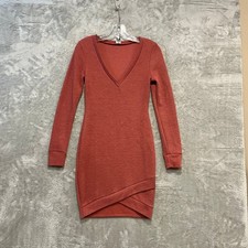 Windsor Mini Dress Womens Small Rust Orange Ribbed Knit Long Sleeve V-Neck Tulip picture