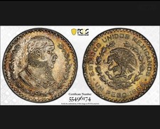 MS66 1966-Mo Mexico Silver 1 Peso, PCGS Trueview- Dual Sided Rainbow Toned picture