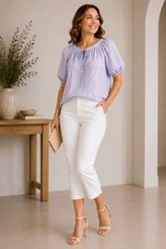 LOFT Wmn’s Large Plaid Puff Sleeve Peasant Blouse Purple Blue Tie Neck Top NWOT picture