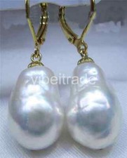 Huge AAA 16X13mm South Sea White Baroque Pearl Earrings 14K YELLOW GOLD picture