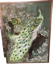 Large Size Hand Painted On Thin Canvas, Peacock, Signed Japan 54”x40”x1 1/2” In picture