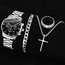 4PCS Men's Watch Set Fashion Trend Business Quartz Watch Cross Pendant Necklace picture
