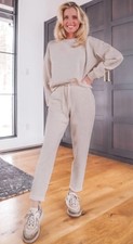 NEW Spanx Air Essentials Tapered Pants & Crewneck Sweatshirt Oatmeal Heather Set picture