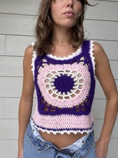 Vintage VTG 70s Pink Purple Knit Crochet Sweater Tank Top Bohemian Hippie Retro picture