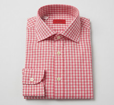 Isaia Gingham Red White Dress Shirt Cotton Point Collar Slim Fit 15 1/2 I 39 picture