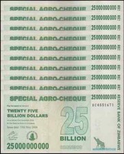 10xZimbabwe 25 Billion Dollars 2008. Good Used Condition picture