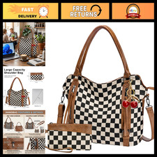 Checkered Crossbody Bag with Wallet, Large Capacity Brown Purse & Cherry Charm picture