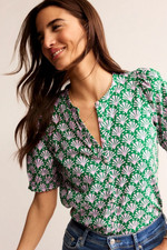 Boden Dolly Puff Sleeve Jersey Shirt Floral Fan Button-up Cotton Tencel US 14 picture