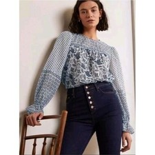 Boden Gracie Cotton Blouse Blue White Mixed Print Smocked Top Boho Size 12 NWT picture