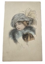 Sketch of Pretty Victorian Woman w/ Fancy Hat ~ Antique 1910s Postcard picture