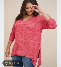 Torrid Women’s Plus 1X Red Heathered Knit V-Neck 3/4 Sleeve Tunic Top picture