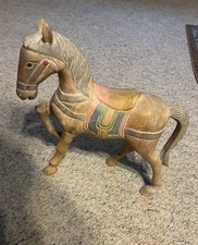 Rare 15” Tall Hand carved Wooden Horse White Washed Antique Wood Minor Chip￼ picture