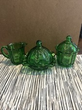 3 Piece Table Set Green EAPG US Glass 15048 Rare Florida Pattern Early 1900’s picture
