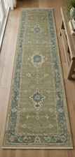 Hand Knotted Oushak Wool Runner Rug Green Blue Vintage Floral Hallway Kitchen picture
