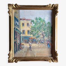 Vintage French School Gouache Painting Market Day Town Square Signed Ch Blondel picture