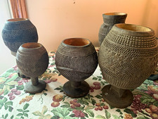 African Handmade Carved Wooden Cups & Goblets Lot w/ Head-Form Decorative Piece picture