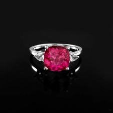 Elegant Pink Cushion Cut Ring 9x9 MM - Solitaire With Side Stones | 925 Silver picture