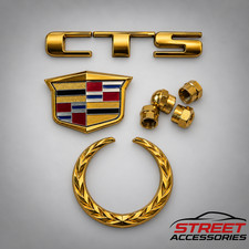 06-07 Cadillac CTS Gold Emblem Package NOS Crest Wreath Badge Valve Caps 2006 20 picture