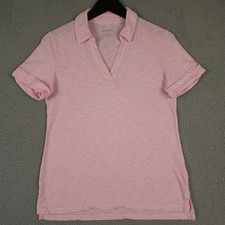 Talbots Shirt Small Pink White Striped Split Neck Slub Cotton Cuffed Top Preppy picture