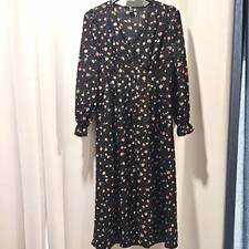 SHEIN Women's Size M Black Floral V-Neck A-Line Midi Dress Long Sleeve Buttons picture