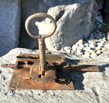 Antique Primitive 18th C to 19th C Working Wrought Iron Door Lock w/ Key picture