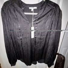 Chicos Black Pleated Silver Thread  NWT Sheer Shimmer Ruffle Top Size 2.5 picture