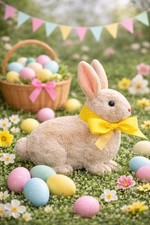 Vintage Flocked Easter Bunny Rabbit Yellow Ribbon 8