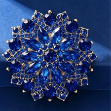 Vintage Blue Crystal Flower Brooch Pin Gold Rhinestone Statement Jewelry Gift picture
