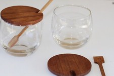 Mid Century Danish Modern 1969 Glass and Teak Condiment Set picture