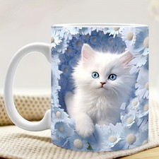Adorable White Kitten Mug – Cute Floral Cat Coffee Cup, Perfect Gift for Cat Lov picture