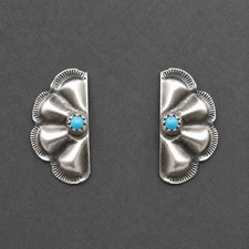 Joan Begay Navajo Kingman Turquoise Sterling Silver Half Concho Stud Earrings picture