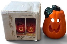 Vintage Orange Earthenware Pumpkin Jack-o-latern Candle Holder and Box picture