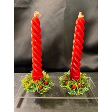 Vintage Red Spiral Taper Candles with Faux Greenery Berry Wreath Rings Set of 2 picture