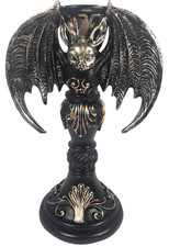 Gothic Winged Bat Candle Holder 10 Inch Black Gold Halloween Decor Pedestal picture