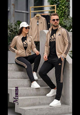 adidas 3-Piece Tracksuit Set Track Jacket & Pants Black/Beige M Pockets picture