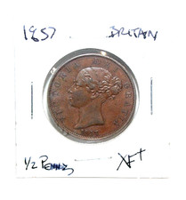 1857 GREAT BRITAIN HALF PENNY COIN XF+ picture