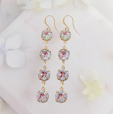 Vintage Vitrail Light Crystal Iridescent Earrings, Long 4-Tier Gold Tone Drops picture