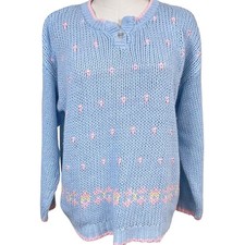 Vintage Item II Hand Knit Sweater Women M Blue Pink Embroidered Bow Ramie Kawaii picture