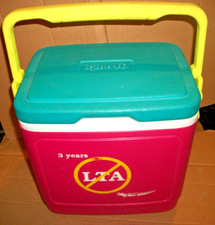 Vintage Igloo 10 Lunch Box/Cooler-Ice Chest With Advertisement-Pink-Green-Yellow picture