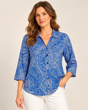 Chico's Women’s Non-Iron Blue White Paisley Collared Button Front Blouse 1 picture